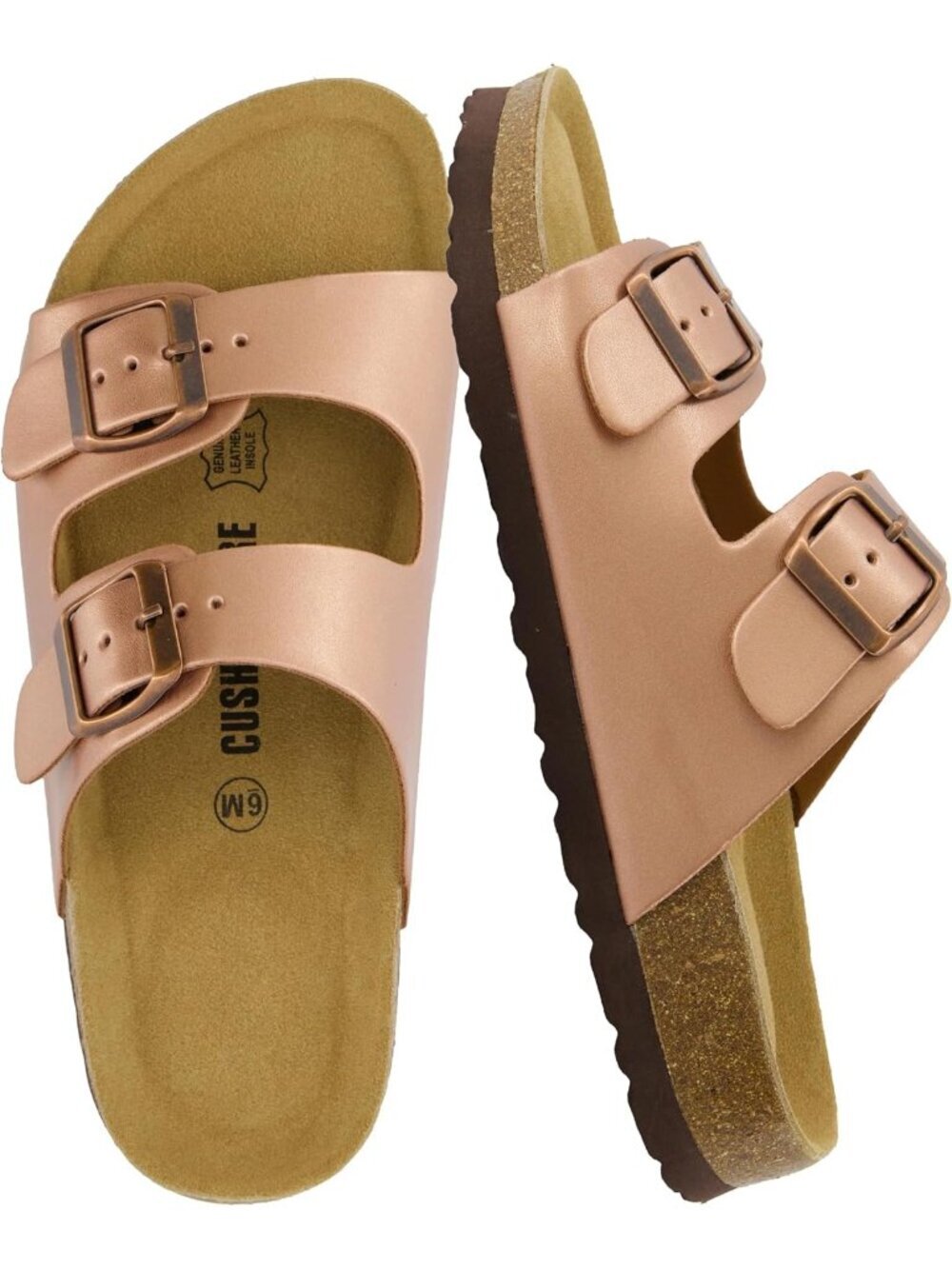 Women's Gold Rose Footbed Sandals Comfort Double Buckle Two Strap Flats Shoes